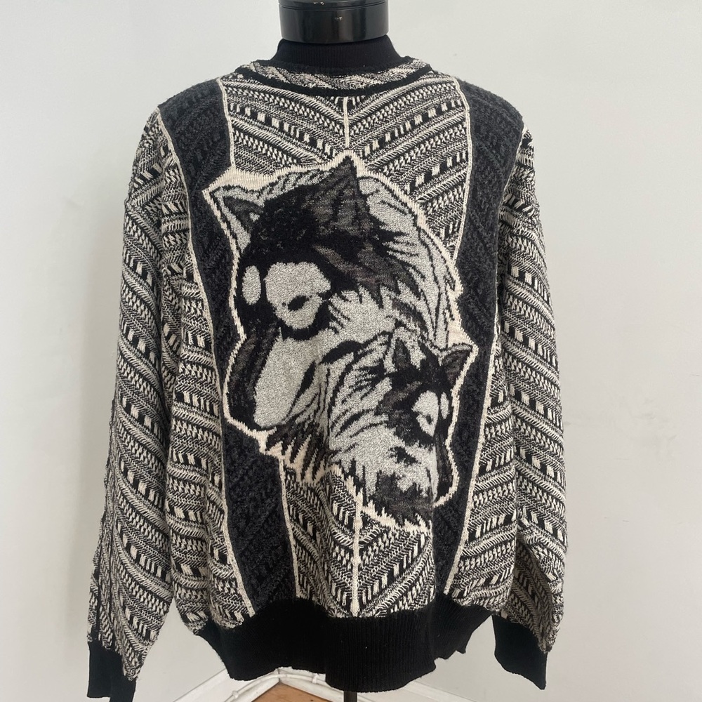 Carlo Colucci Black and White Wolf Pattern Sweater